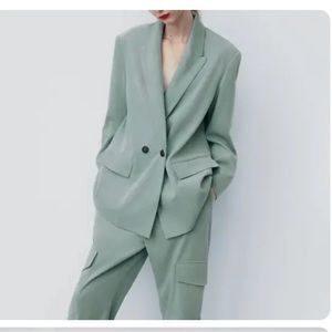 ZARA WOMAN NWT DOUBLE-BREASTED SOFT OVERSIZED BLAZER LIGHT GREEN | 8372/037